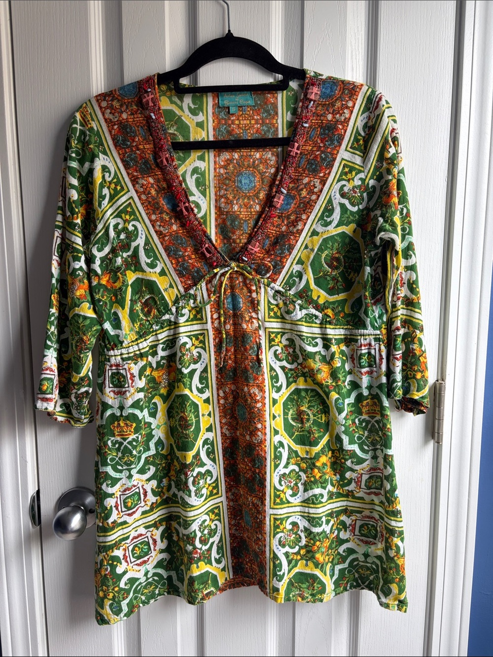 Antica Sartoria Boho Cotton Babydoll Tunic Italian Dress Cover-Up Size S